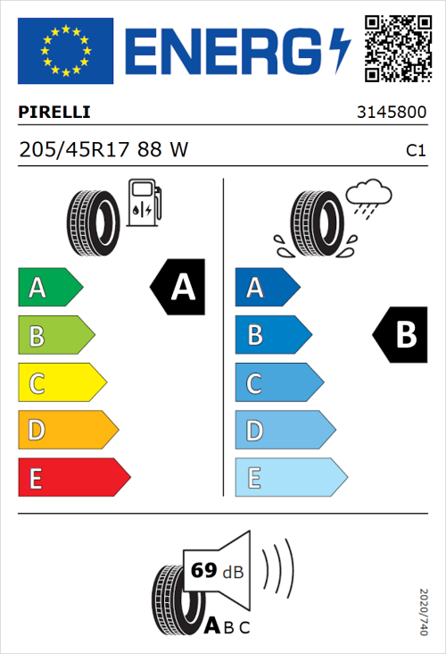 Tyre Label for Pirelli Cinturato P7 (P7C2) 205/45R17 88W
