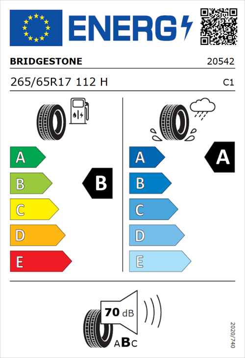 Tyre Label for Bridgestone Turanza 6 265/65R17 112H