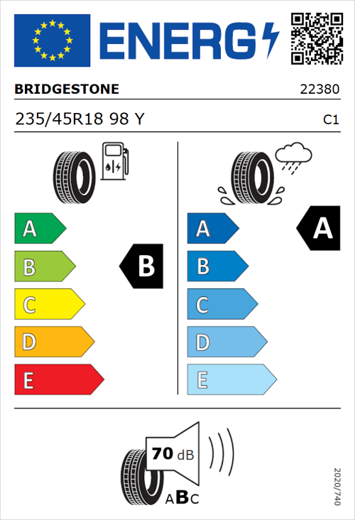 Tyre Label for Bridgestone Turanza 6 235/45R18 98Y