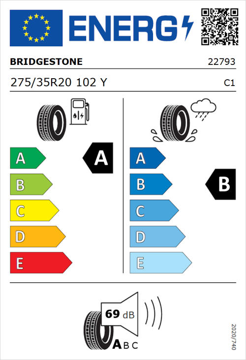 Tyre Label for Bridgestone Turanza 6 275/35R20 102Y